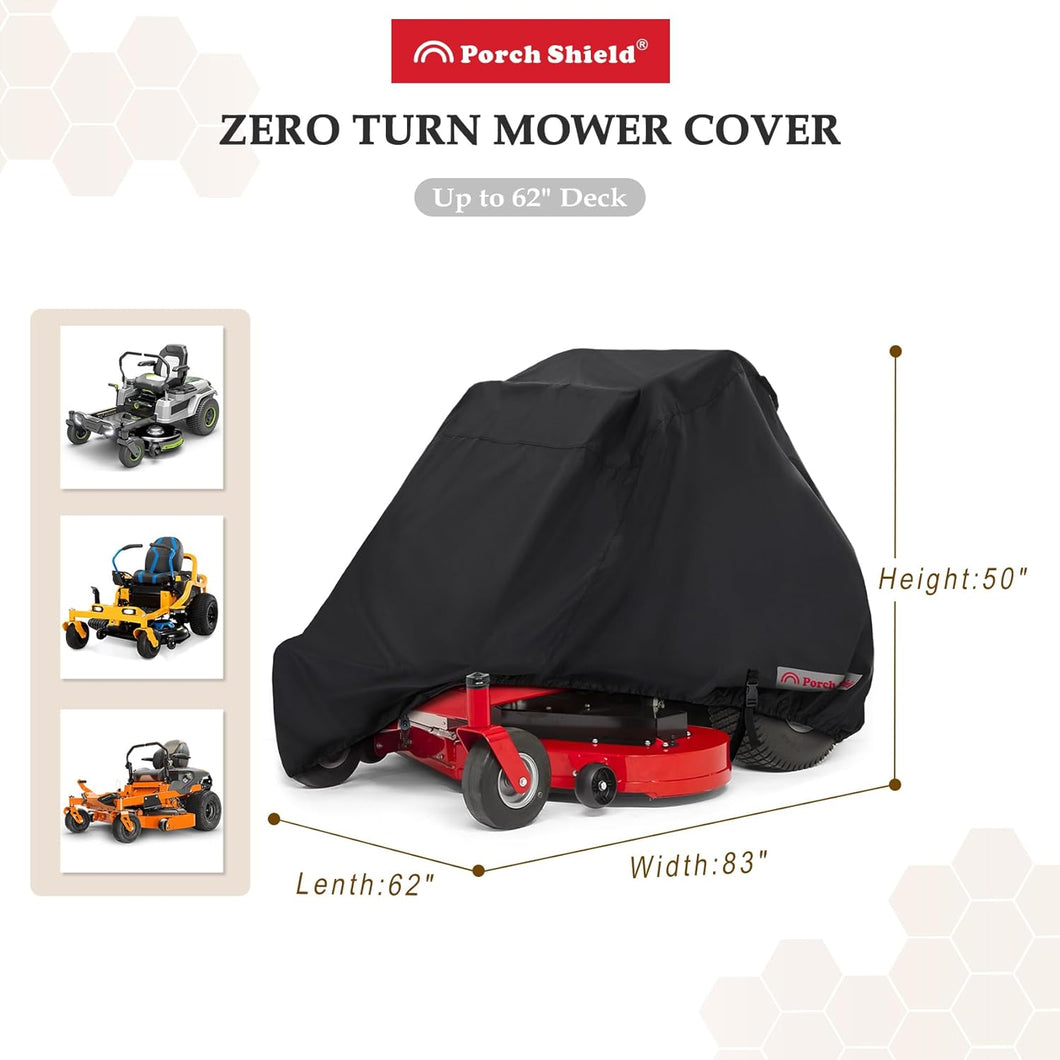 Porch Shield Zero Turn Mower Cover - Waterproof Heavy Duty Riding Lawn Tractor Cover Up to 54-64 inches Decks Black
