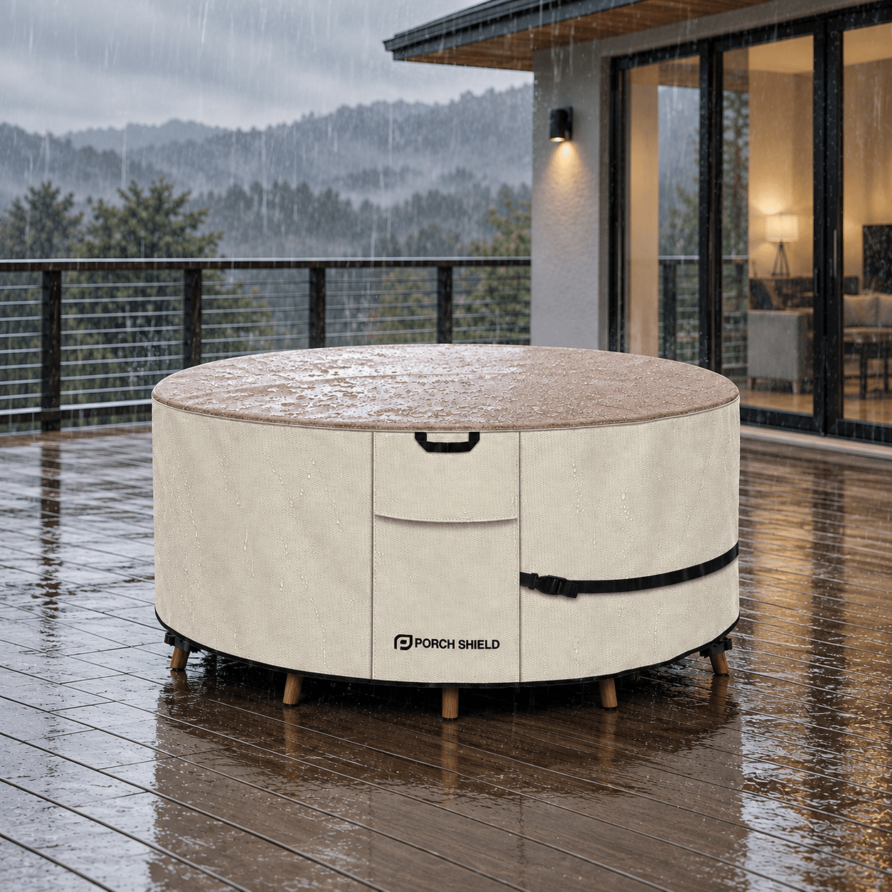 Round Patio Table Cover Light Tan & Khaki Round - 96”D x 28”H - Explore Land